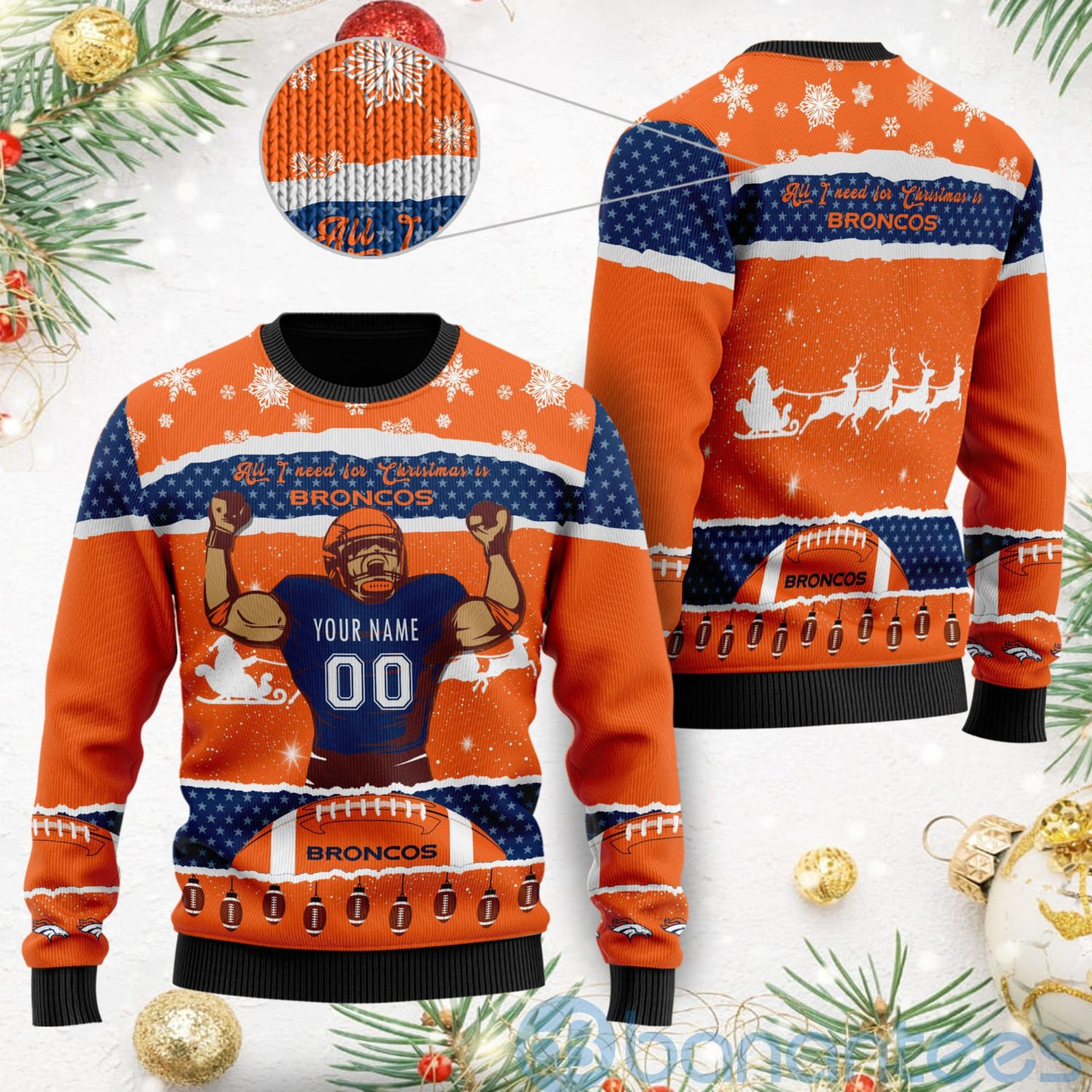 All I Want For Christmas Is Denver Broncos Custom Name Number Christmas 3D Sweater