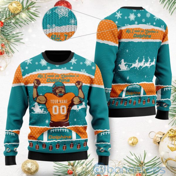 All I Want For Christmas Is Miami Dolphins Custom Name Number Christmas 3D Sweater Product Photo