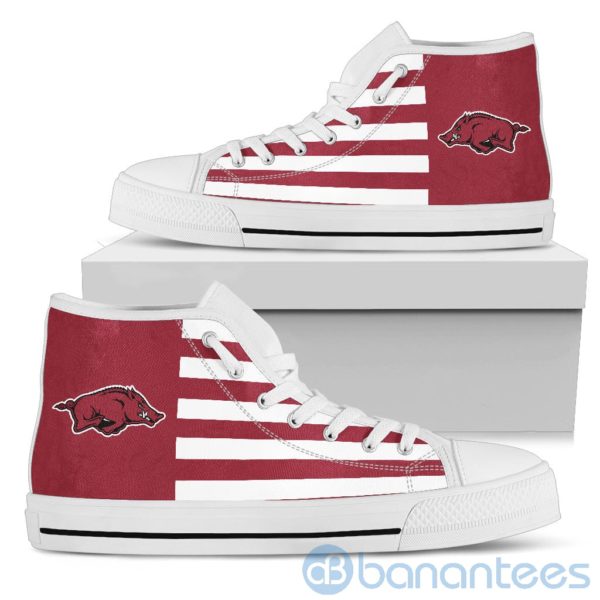 American Flag With Logo Of Arkansas Razorbacks High Top Shoes Product Photo