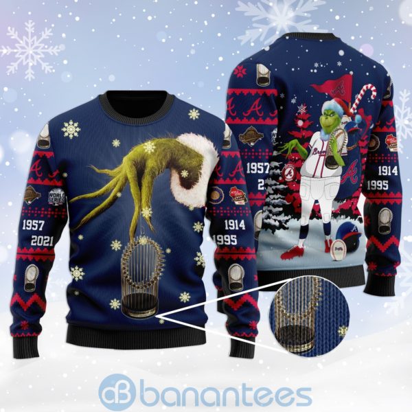 Atlanta Braves World Series Champions Grinch Ugly Christmas 3D Sweater Product Photo