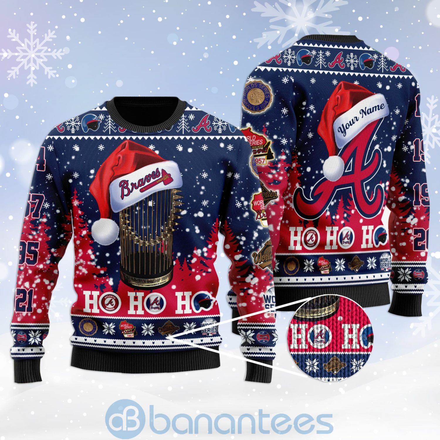 Atlanta Braves World Series Champions Ho Ho Ho 3D Custom Name Ugly Christmas 3D Sweater