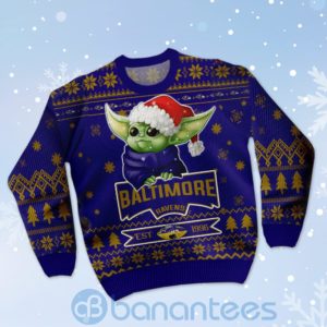 Baltimore Ravens Cute Baby Yoda Grogu Ugly Christmas 3D Sweater Product Photo