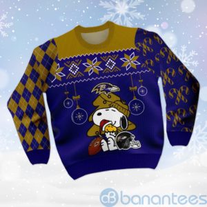 Baltimore Ravens Funny Charlie Brown Peanuts Snoopy Christmas Tree Ugly Christmas 3D Sweater Product Photo