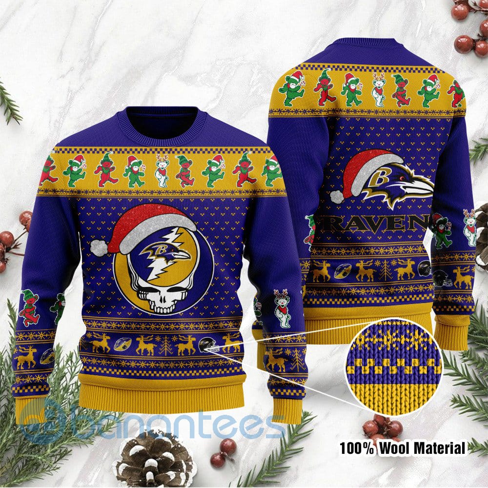 Baltimore Ravens Grateful Dead SKull And Bears Custom Name Uglu Christmas 3D Sweater