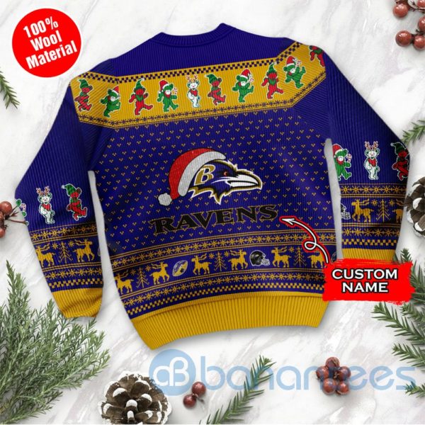 Baltimore Ravens Grateful Dead SKull And Bears Custom Name Uglu Christmas 3D Sweater Product Photo