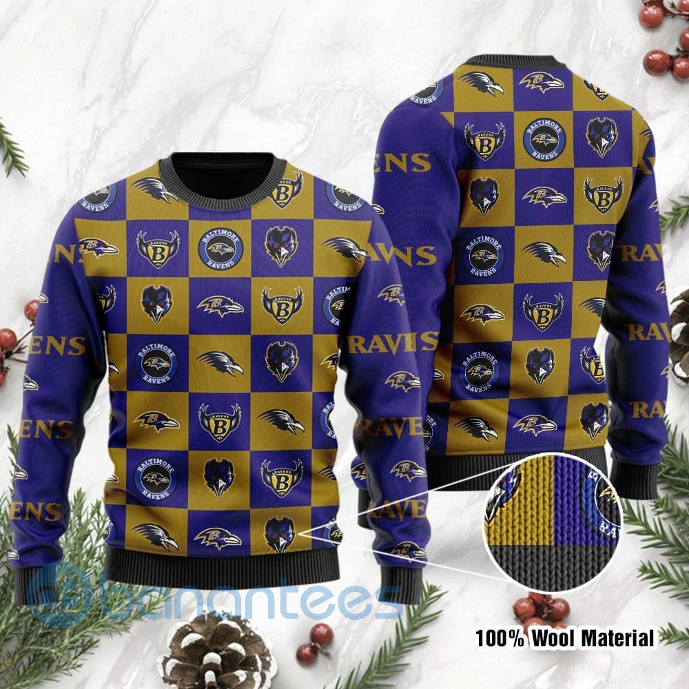 Baltimore Ravens Logo Checkered Flannel Design Ugly Christmas 3D Sweater