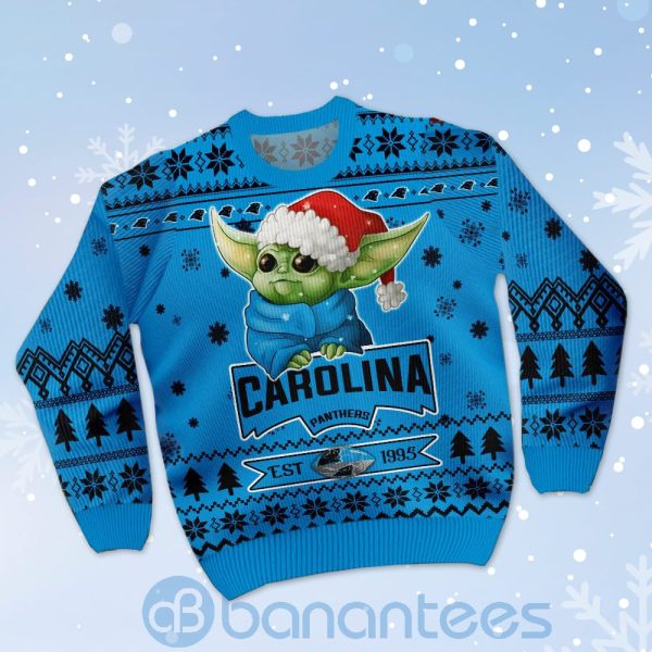 Carolina Panthers Cute Baby Yoda Grogu Ugly Christmas 3D Sweater Product Photo