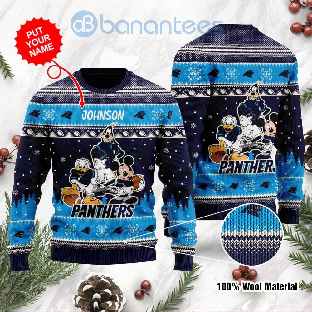 Carolina Panthers Disney Donald Duck Mickey Mouse Goofy Custom Name Christmas 3D Sweater