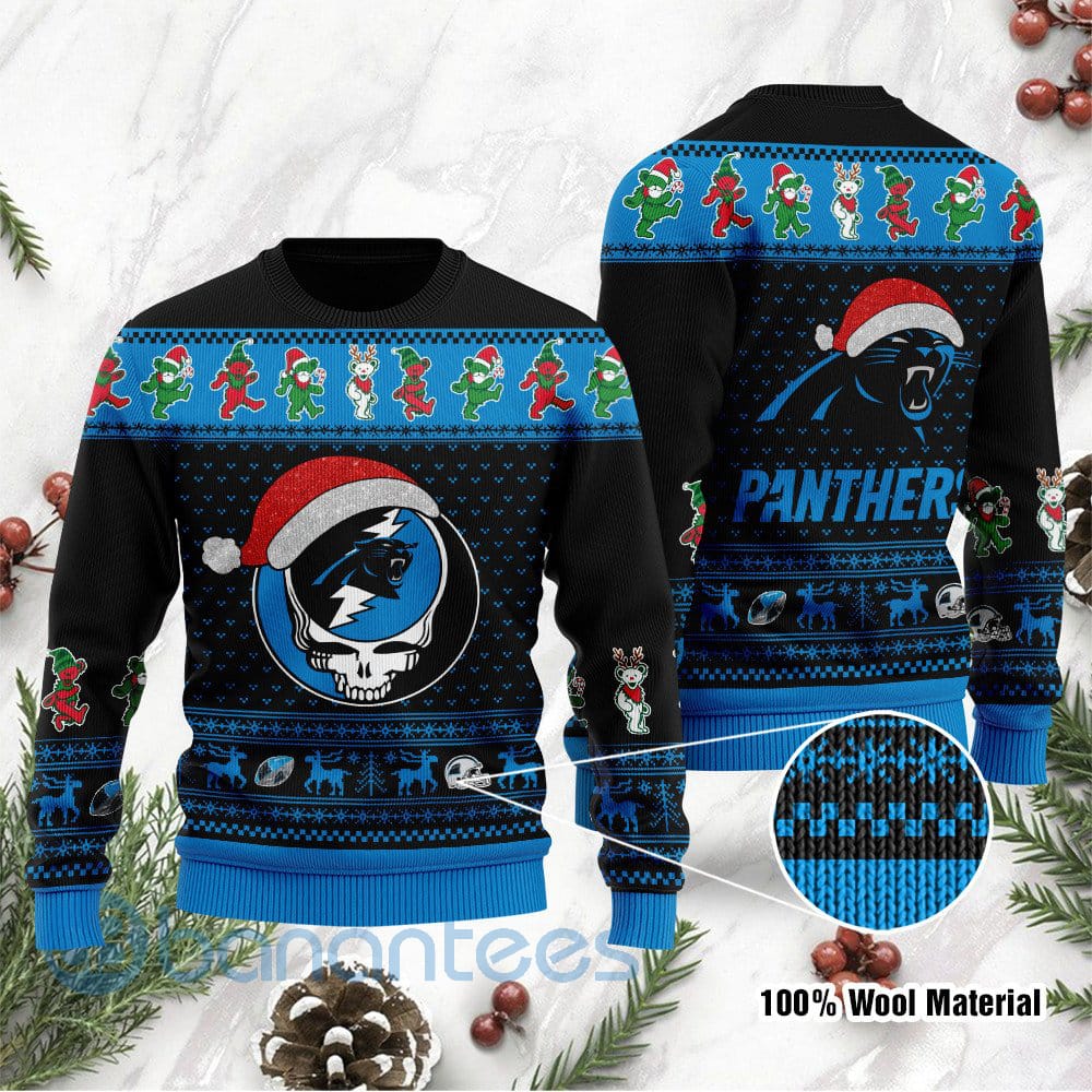 Carolina Panthers Grateful Dead SKull And Bears Custom Name Ugly Christmas 3D Sweater