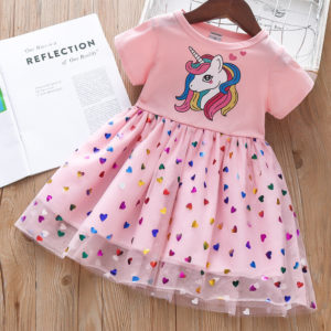 Cartoon Unicorn Splicing Mesh Party Princess 2022 New Summer Dress For Baby Girls - Baby Dress - Light Pink