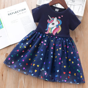 Cartoon Unicorn Splicing Mesh Party Princess 2022 New Summer Dress For Baby Girls - Baby Dress - Navy