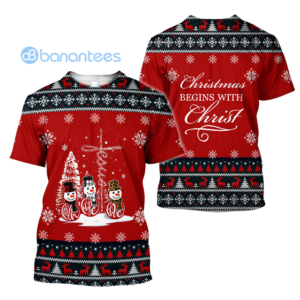 Christmas Begins With Christ Snowmans Knitting Ugly Christmas 3D Shirts - 3D T-Shirt - Red