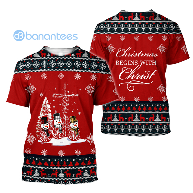 Christmas Begins With Christ Snowmans Knitting Ugly Christmas 3D Shirts - 3D T-Shirt - Red