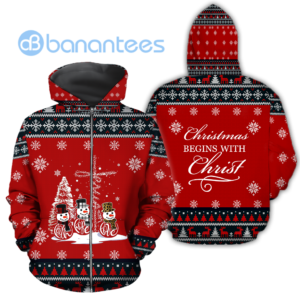 Christmas Begins With Christ Snowmans Knitting Ugly Christmas 3D Shirts - 3D Zip Hoodie - Red