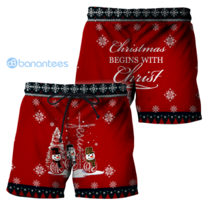 Christmas Begins With Christ Snowmans Knitting Ugly Christmas 3D Shirts - Short Pant - Red