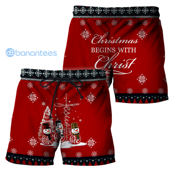 Christmas Begins With Christ Snowmans Knitting Ugly Christmas 3D Shirts - Short Pant - Red