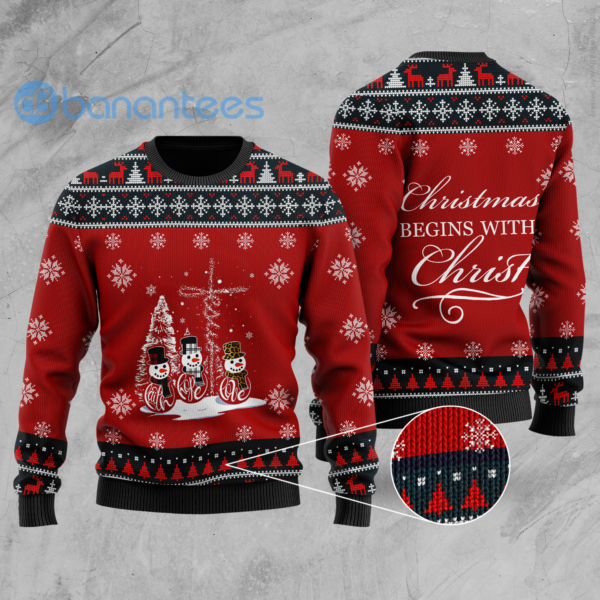 Christmas Begins With Christ Snowmans Knitting Ugly Christmas 3D Shirts - Sweater - Red