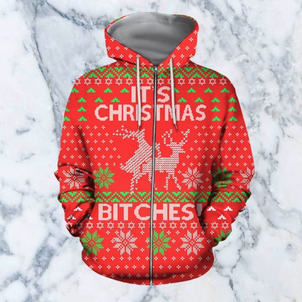 Christmas Bitches Knitting Pattern Merry Christmas Full Printed 3D Shirt - 3D Zip Hoodie - Red