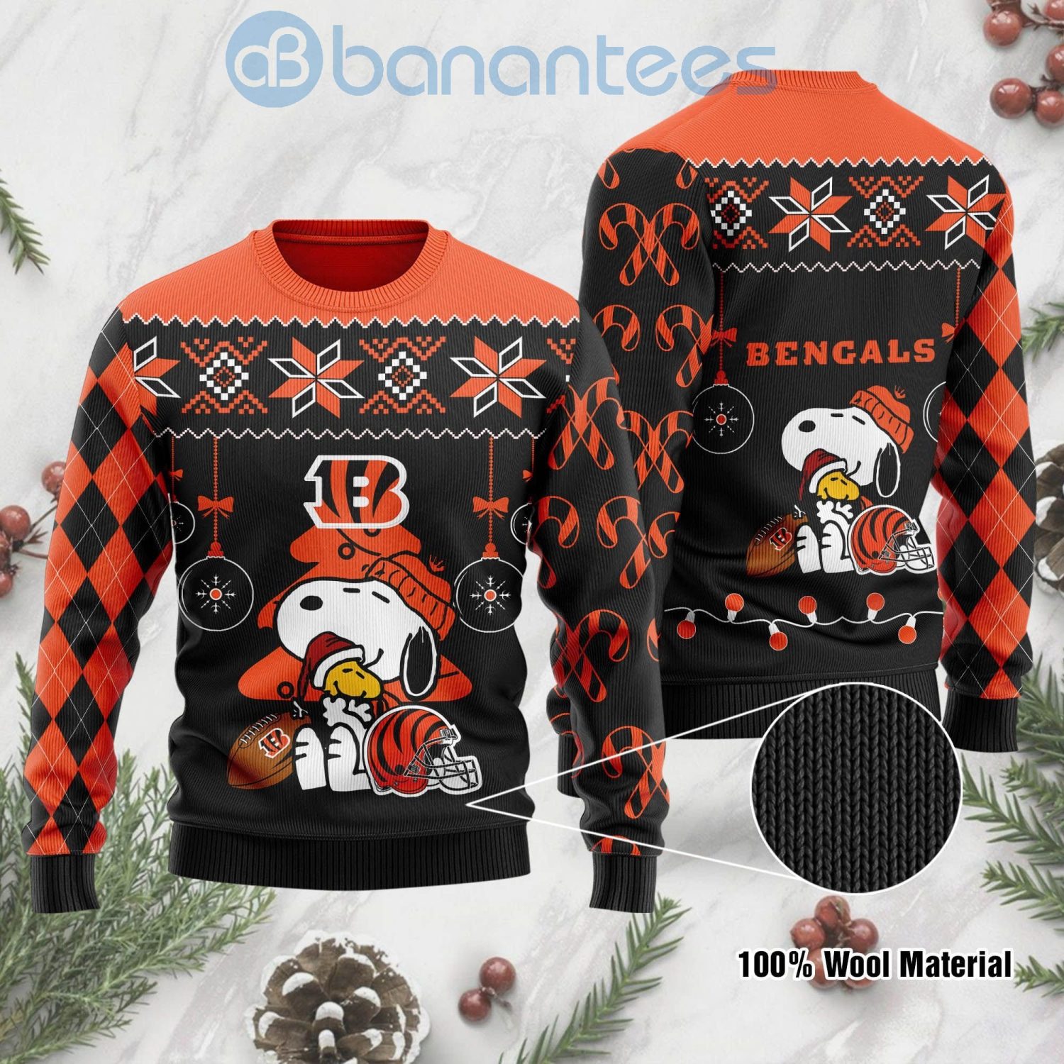 Cincinnati Bengals Funny Charlie Brown Peanuts Snoopy Christmas Tree Ugly Christmas 3D Sweater