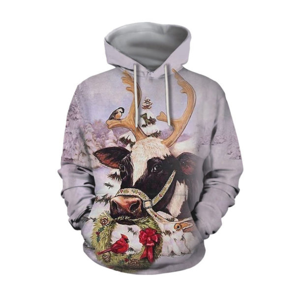 Cow And Red Cardinal Bird Merry Christmas All Over Printed 3D Shirt - 3D Hoodie - White