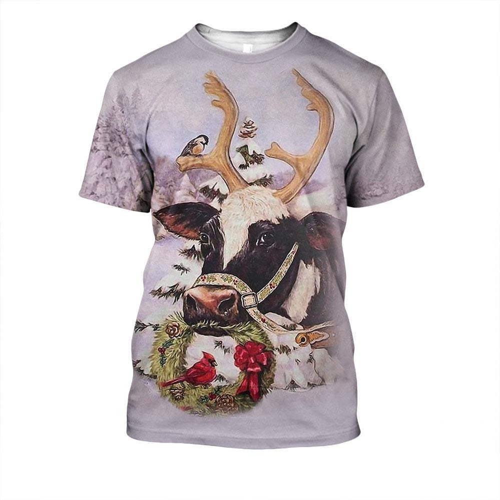 Cow And Red Cardinal Bird Merry Christmas All Over Printed 3D Shirt - 3D T-Shirt - White