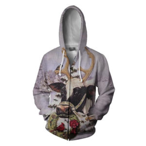 Cow And Red Cardinal Bird Merry Christmas All Over Printed 3D Shirt - 3D Zip Hoodie - White