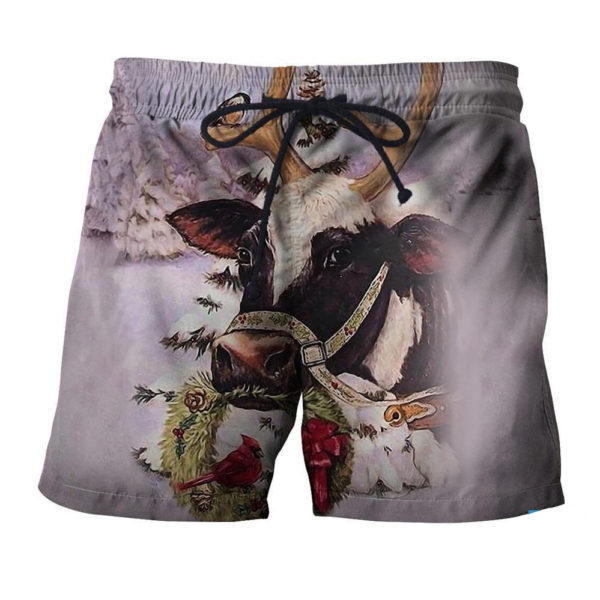 Cow And Red Cardinal Bird Merry Christmas All Over Printed 3D Shirt - Short Pant - White