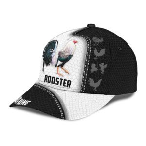 Custom Name Black And White Rooster Printed 3D Cap Product Photo