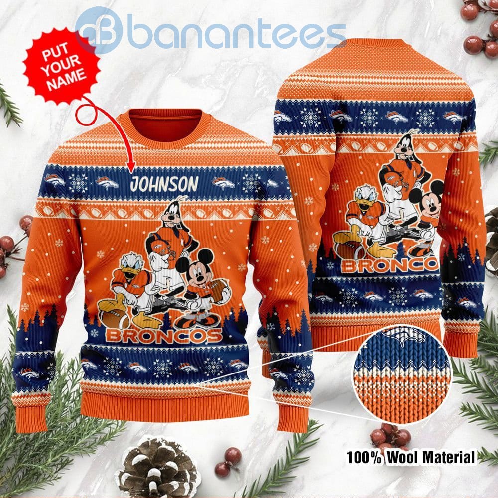 Denver Broncos Disney Donald Duck Mickey Mouse Goofy Custom Name Christmas 3D Sweater