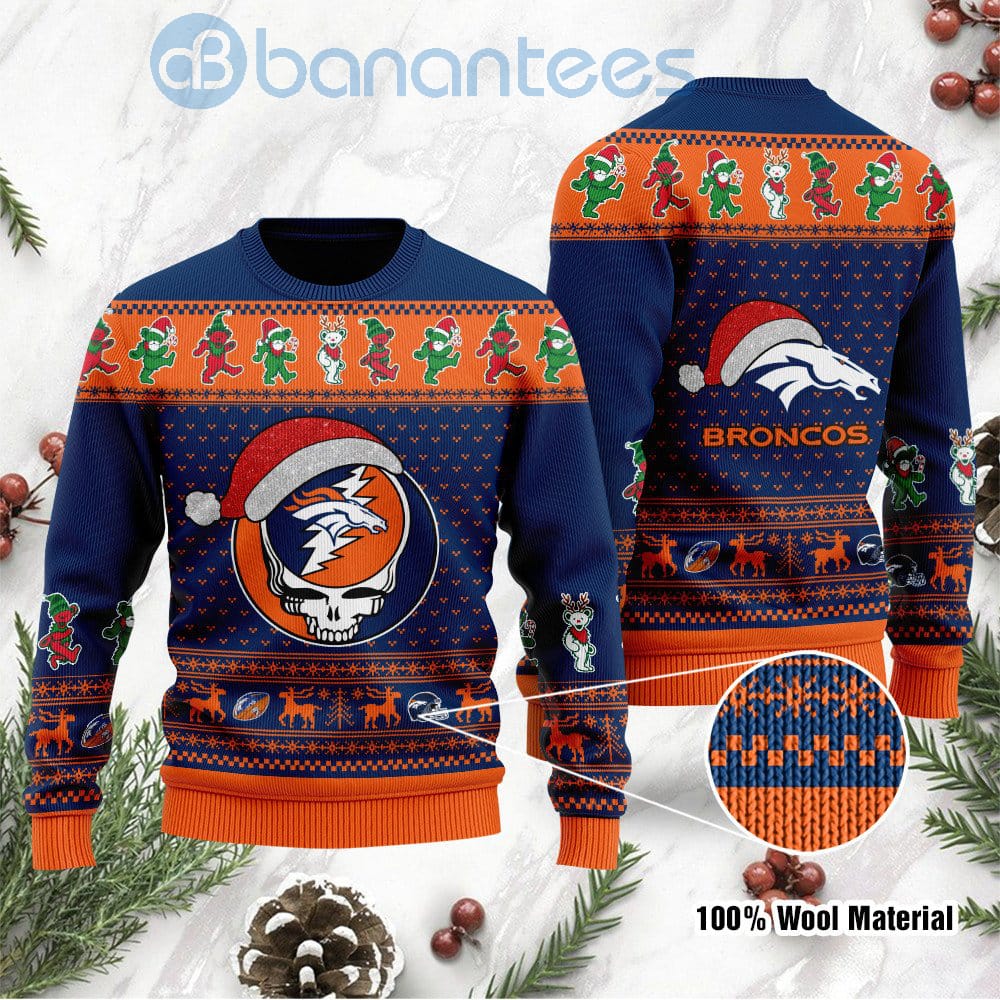 Denver Broncos Grateful Dead SKull And Bears Custom Name Ugly Christmas 3D Sweater
