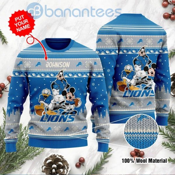 Detroit Lions Disney Donald Duck Mickey Mouse Goofy Custom Name Christmas 3D Sweater Product Photo