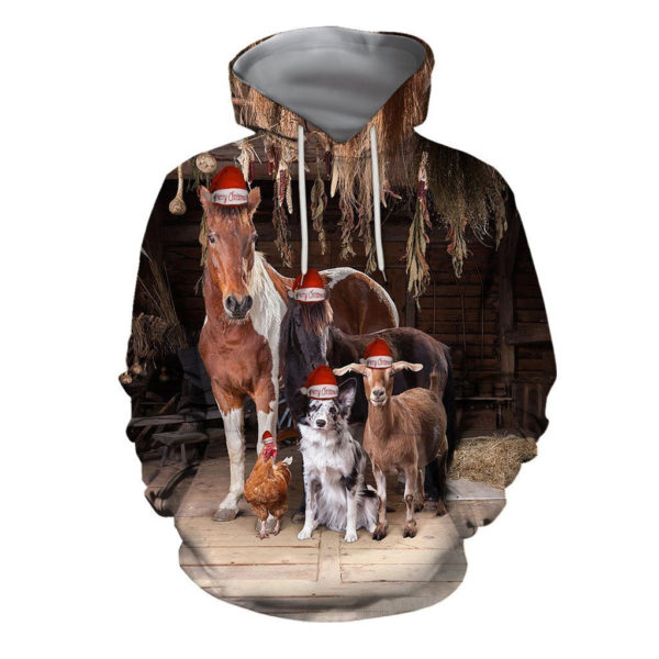 Dog Horse Cow Chicken Livestock Farm Happy Christmas All Over Printed 3D Shirt - 3D Hoodie - Black