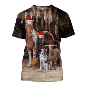 Dog Horse Cow Chicken Livestock Farm Happy Christmas All Over Printed 3D Shirt - 3D T-Shirt - Black