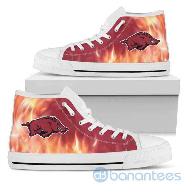 Fire And Logo Of Arkansas Razorbacks High Top Shoes Product Photo