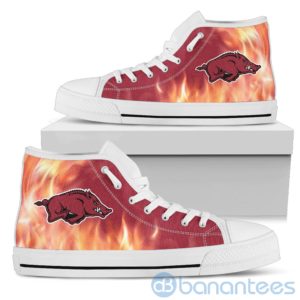 Fire And Logo Of Arkansas Razorbacks High Top Shoes Product Photo
