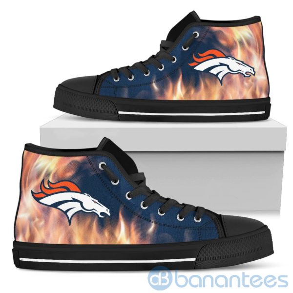 Fire And Logo Of Denver Broncos High Top Shoes Product Photo