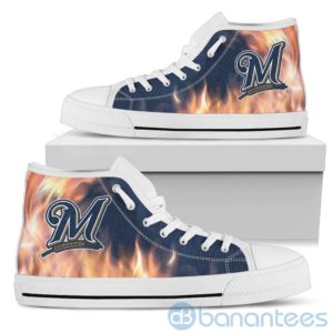 Fire And Logo Of Milwaukee Brewers High Top Shoes Product Photo
