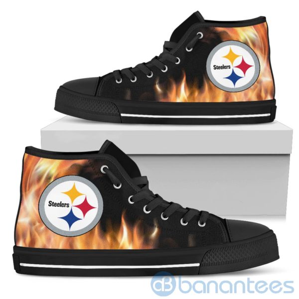 Fire And Logo Of Pittsburgh Steelers High Top Shoes Product Photo