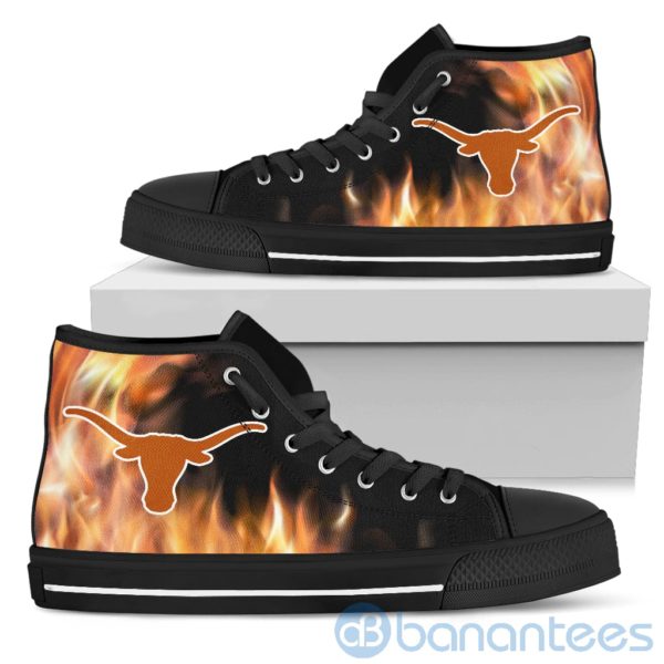 Fire And Logo Of Texas Longhorns High Top Shoes Product Photo
