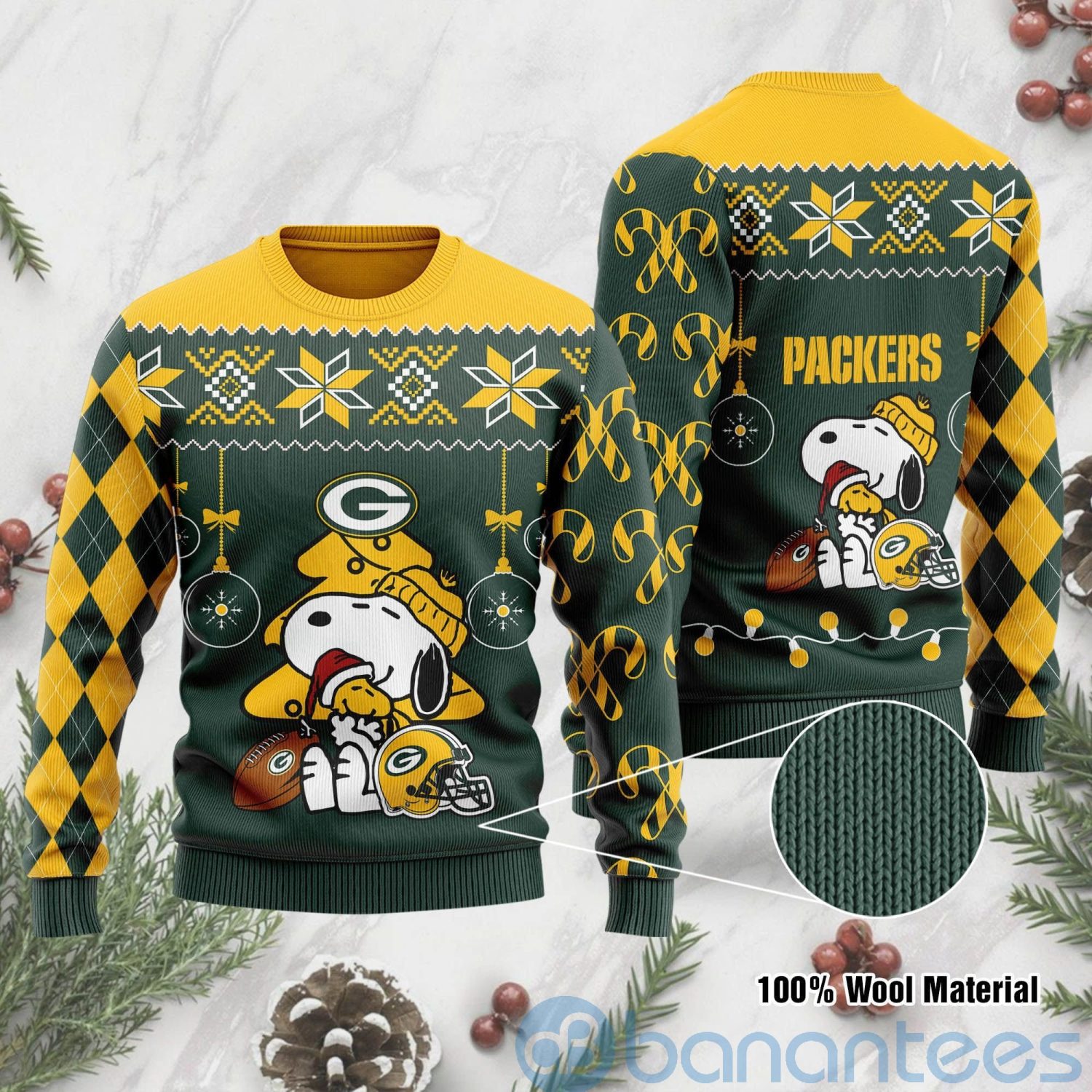 Green Bay Packers Funny Charlie Brown Peanuts Snoopy Christmas Tree Ugly Christmas 3D Sweater