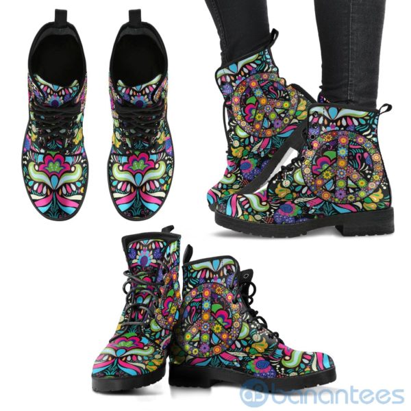 Hippie Peace Pattern Leather Boots Product Photo