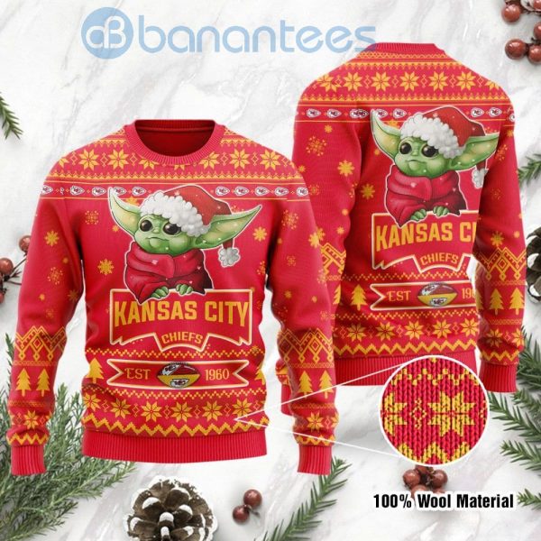 Kansas City Chiefs Cute Baby Yoda Grogu Ugly Christmas 3D Sweater Product Photo