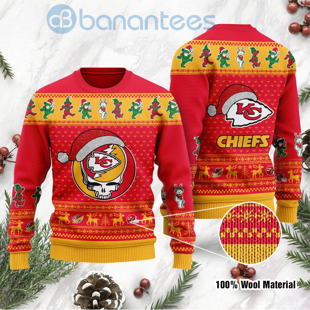 Kansas City Chiefs Grateful Dead SKull And Bears Custom Name Uglu Christmas 3D Sweater