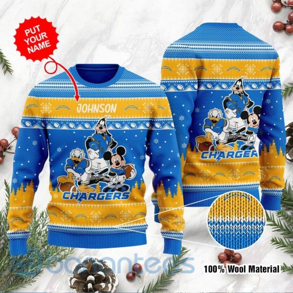 Los Angeles Chargers Disney Donald Duck Mickey Mouse Goofy Custom Name Christmas 3D Sweater Product Photo