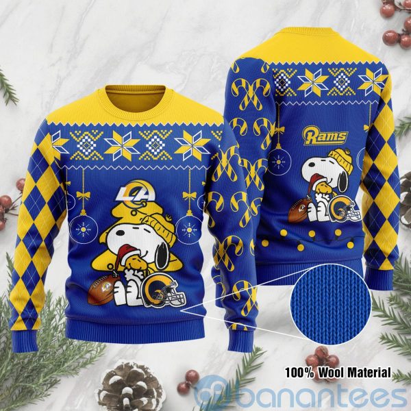 Los Angeles Rams Funny Charlie Brown Peanuts Snoopy Christmas Tree Ugly Christmas 3D Sweater Product Photo