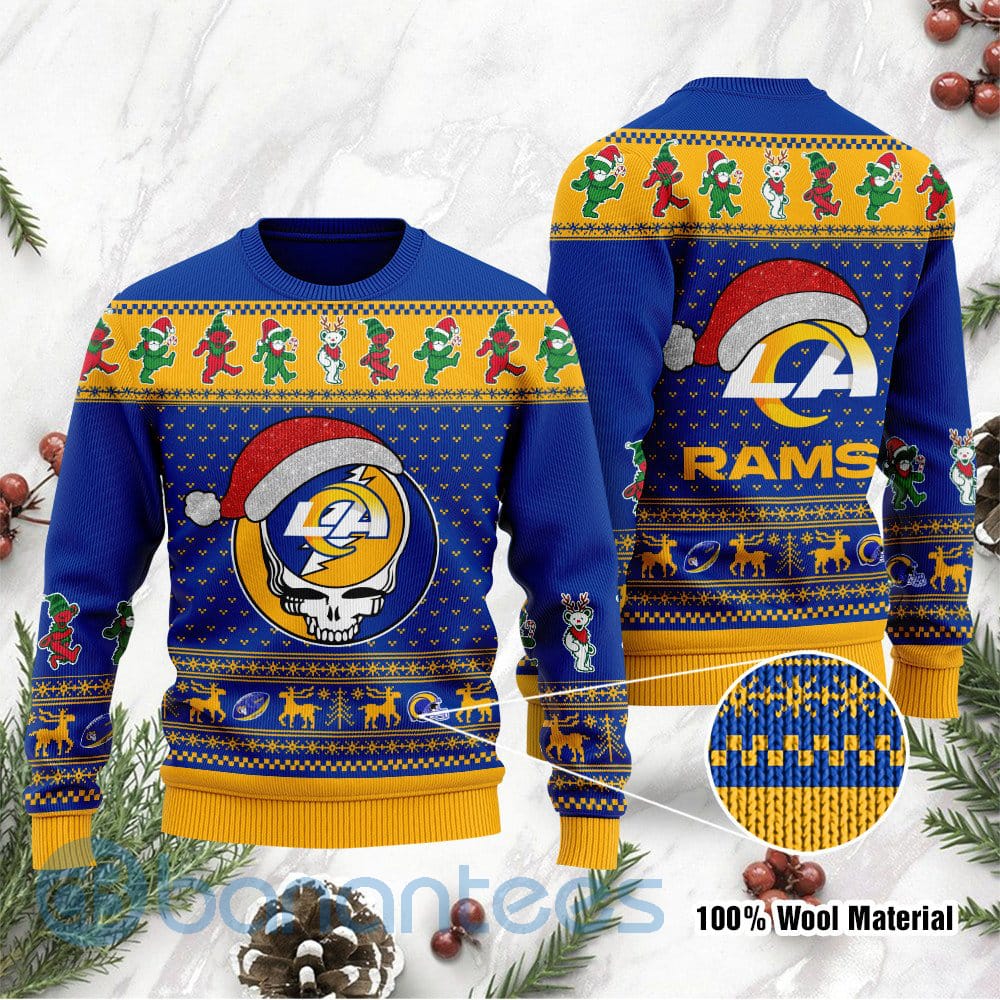Los Angeles Rams Grateful Dead SKull And Bears Custom Name Uglu Christmas 3D Sweater