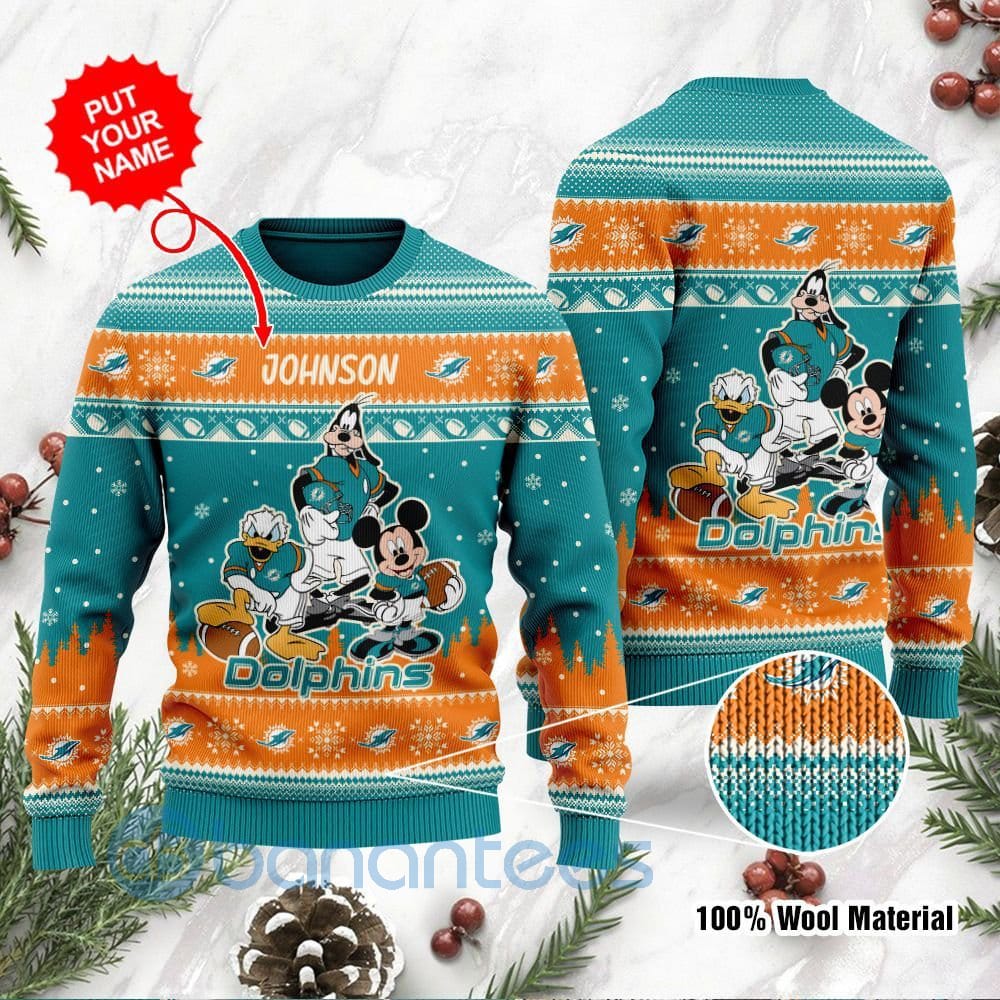 Miami Dolphins Disney Donald Duck Mickey Mouse Goofy Custom Name Christmas 3D Sweater