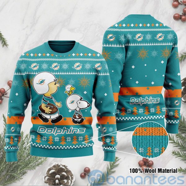 Miami Dolphins Funny Charlie Brown Peanuts Snoopy Ugly Christmas 3D Sweater Product Photo