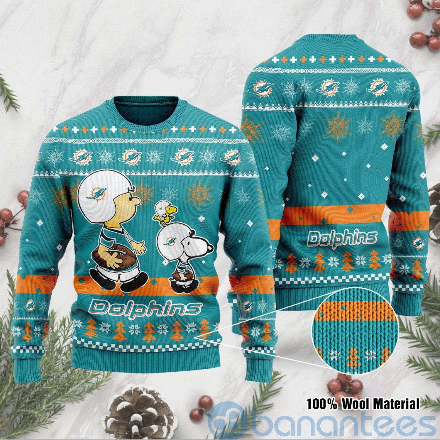 Miami Dolphins Funny Charlie Brown Peanuts Snoopy Ugly Christmas 3D Sweater