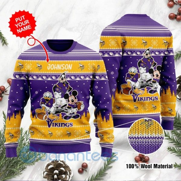 Minnesota Vikings Disney Donald Duck Mickey Mouse Goofy Custom Name Christmas 3D Sweater Product Photo